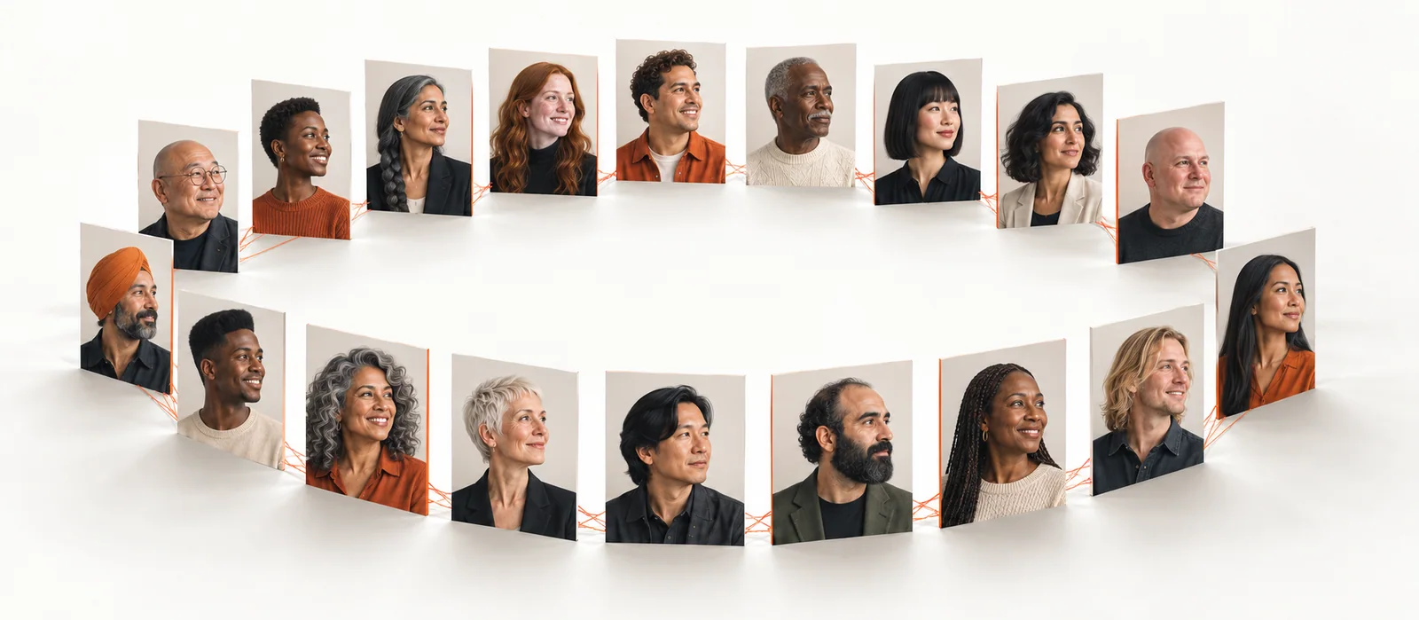 An illustrated ring of distinct customer portraits