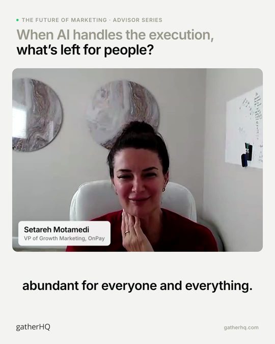A frame from the Gather advisor film: Judgment is the job now.