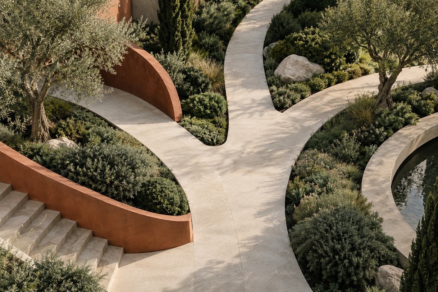 A branching architectural path through a landscaped garden, from the B2B persona report series